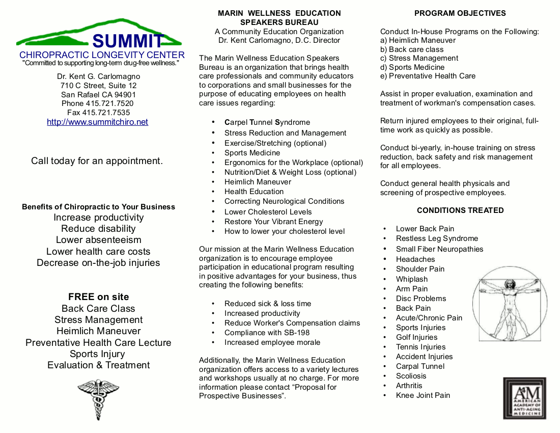 Brochure about the services Summit Chiropractic Longevity Center offers.