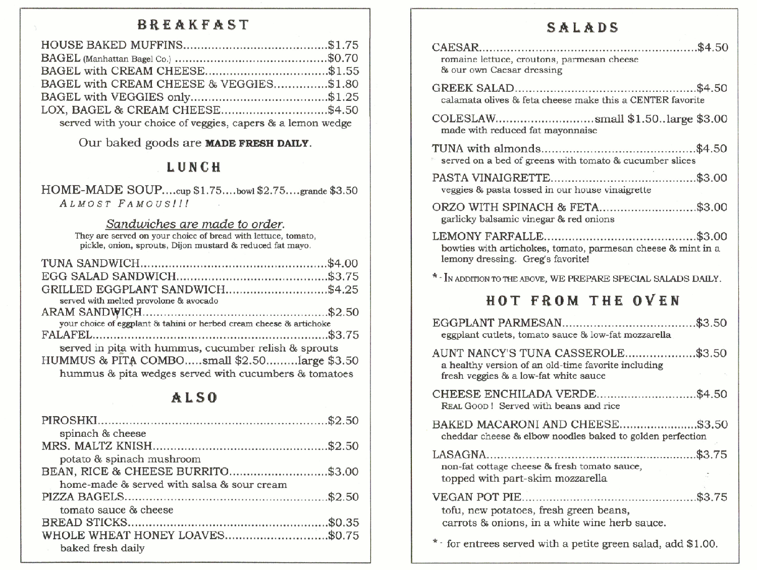 Osher Marin Jewish Community Center "Center Cafe" take-out foods.