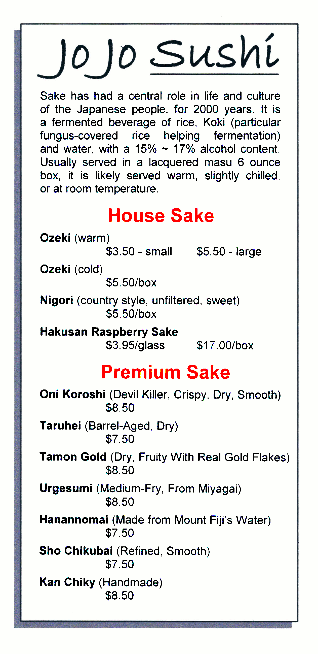 Jo Jo Sushi tabletop menu back.