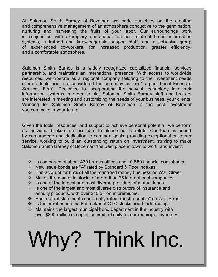 Page 2 of the Branch Brochure for Smith Barney Shearson, Inc. in Bozeman, Montana.